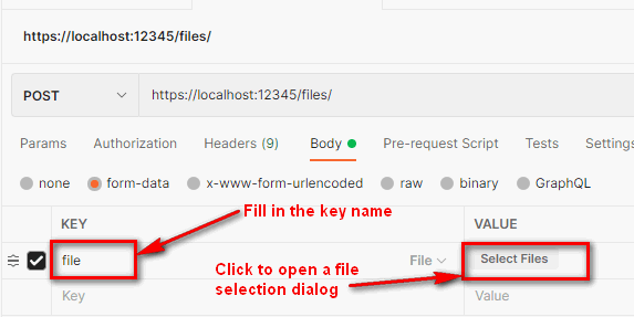 fill in &quot;file&quot; in key and select &quot;files&quot; 